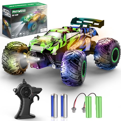 PHYWESS Remote Control Car, RC Cars Kids Toys for Boys 5-7, 2.4Ghz RC Truck Toys for Girls, Off Road Monster Truck Toys with Headlights & Car Body Lights, 20 KM/H RC Crawler Toy Cars for Kids