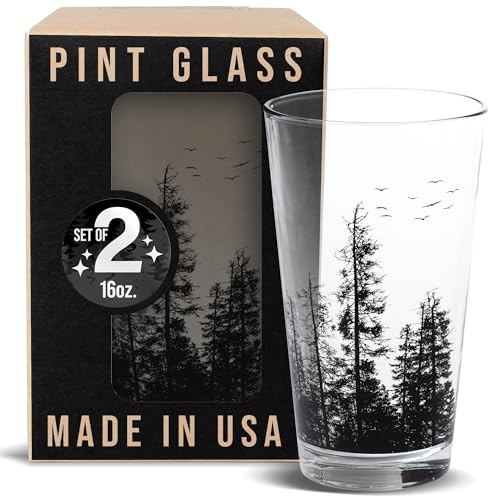 Black Lantern Handmade Themed Pint Glasses – Pint Glasses in Unique Designs for Craft Beer Enthusiasts and Home Bars - (Set of Two 16oz. Glasses) Pine Tree Forest Design