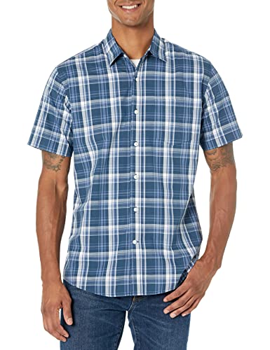 Amazon Essentials Men's Regular-Fit Short-Sleeve Poplin Shirt, Navy Medium Plaid, X-Large