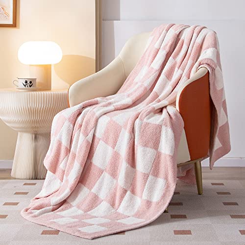 SeaRoomy Checkered Throw Blanket, Ultra Soft Microfiber Knit Pink Throw Blanket, Cozy Fluffy Reversible Checkerboard Fuzzy Blanket for Couch Sofa Bed Decor Gift Idea(Light Pink, 51'×63')