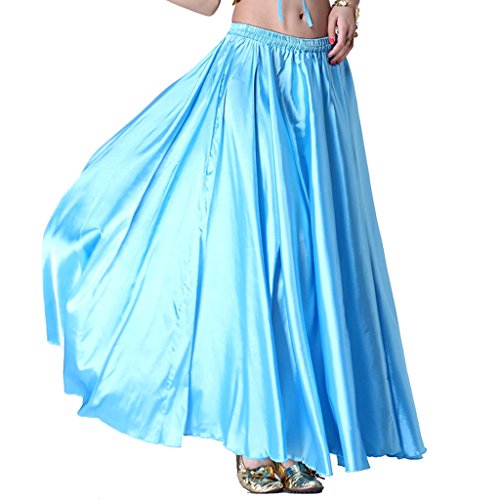 MUNAFIE Belly Dance Satin Skirt Arabic Halloween Shiny Skirt Fancy Full Skirt Light Blue