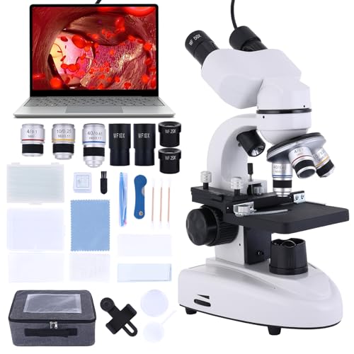 Poothoh Binocular Compound Microscope 40X-2000X, Research Grade Professional Microscope with Dual Mechanical Stages and Coaxial Coarse/Fine Focus Knobs, Built-in Electronic Eyepieces, Adult Microscope