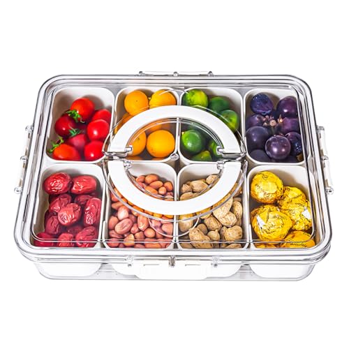 Divided Serving Tray with Lid and Handle - Snackle Box Charcuterie Container for Portable Snack Platters - Clear Organizer for Candy, Fruits, Nuts, Snacks - Perfect for Party, Entertaining