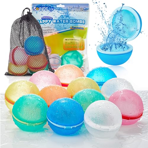 SOPPYCID Reusable Water Balloons-Quick Fill, 12pcs Latex-Free Silicone Refillable Magnetic Water Balloons for Water Toys, Summer Party Favors Outdoor Activities by WOTOYS, Pool Toys for Kids Ages 3-12