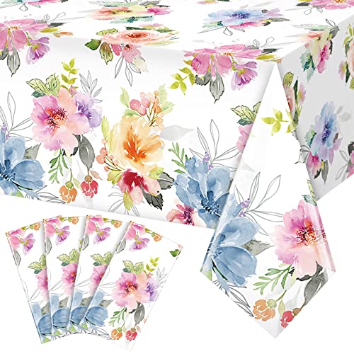 4Pcs Spring Floral Tablecloth,Watercolor Pink Purple Blue Flower Plastic Table Cover for Easter Decor, Summer Spring Picnic, Dining, Holiday, Weeding,Tea Party Supplies and Decorations,54 x 108 Inch