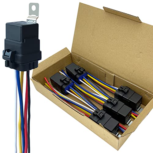 irhapsody 5 Pack 40/30 AMP 12V DC Waterproof Relay and Harness - Heavy Duty 12 AWG Tinned Copper Wires, 5-PIN SPDT Automotive Relay