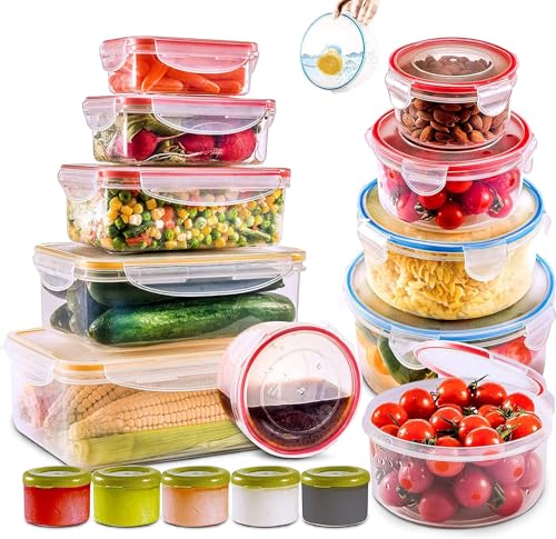 RFAQK 28 Pcs Food Storage Containers with Airtight Lids-(85OZ to 1.2OZ) 14 Clear Plastic Containers with 14 Lids-BPA-Free Meal Prep Fruits Containers for Kitchen-Freezer,Microwave and Dishwasher Safe