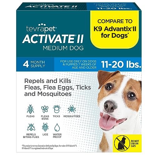 TevraPet Activate II Flea and Tick Prevention for Dogs | 4 Count | Medium Dogs 11-20 lbs | Topical Drops | 4 Months Flea Treatment