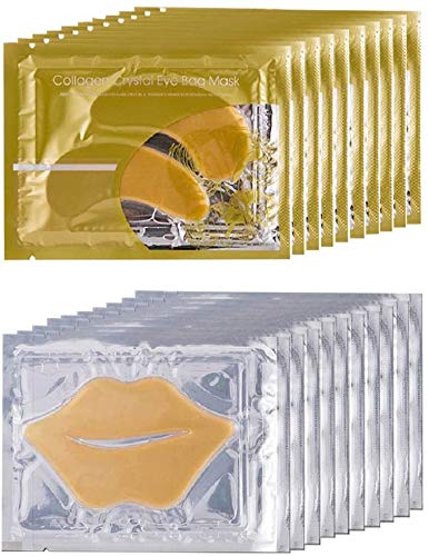 Theshiry 10 Pairs Collagen Crystal Eye Mask and 10 Pcs Collagen Crystal Lip Mask, Anti Aging Eye and Lip Mask, Collagen Crystal Mask Set (Gold)