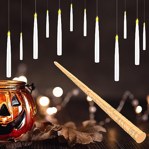 Halloween Decorations, Floating Candles with Wand, Magic Hanging Candles Flickering Warm Light Flameless LED Taper Candle, Battery Operated Window Candles for Christmas Halloween Decor (12 Pack)