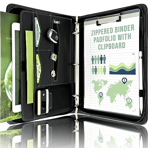 STYLIO Zipper Portfolio Binder | Padfolio 3 Ring Binder and Clipboard Folio (removable) | Portfolio Organizer for Documents, iPad, Tablet, Phone |Faux Leather Binder for Men and Women. Notebook Binder