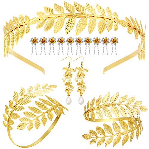 WILLBOND 15 Pieces Greek Goddess Costume Accessories Women Toga Golden Leaves Bridal Crown Headband Bracelet Pearl Earrings and Hair Pins (Classic Style)