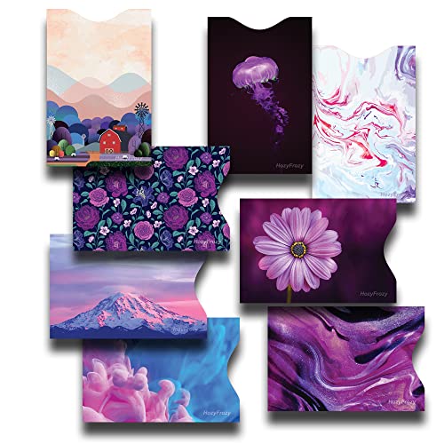 8 RFID Blocking Sleeves, Unique Designs and Arts in Purple, Anti-Theft Credit Card Holder, Credit Card Protector, Easy to Recognize, Sturdy and Perfect size for cards