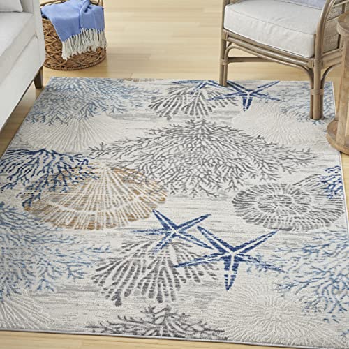 Nourison Pompeii Ivory Grey Blue 5'3' x 7'3' Area Rug, Coastal, Beach, Nautical, Easy Cleaning, Non Shedding, Bed Room, Living Room, Hallway, (5'3' x 7'3')