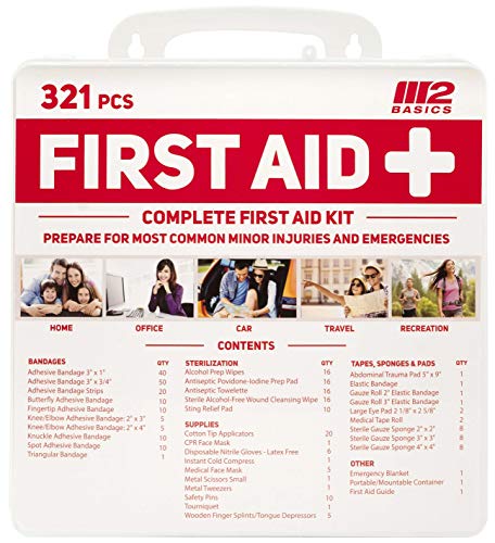 M2 BASICS Complete 321 Piece Emergency First Aid Kit | Business & Home Medical Supplies | Wall Mountable Hard Case | Office, Car, Travel, School, Camping, Hunting, Sports