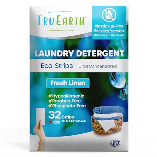 Tru Earth Compact Dry Laundry Detergent Sheets - Up to 64 Loads (32 Sheets) - Paraben-Free - Original Eco-Strip Liquidless Laundry Detergent, Travel Laundry Sheets - Fresh Linen
