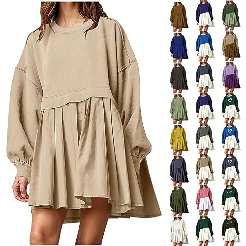 Black of Friday Deals 2023, Best Cyber of Monday Deals, Womens Fall Fashion 2023, Women's Flowy Pleated Sweatshirt Mini Dress Oversized Sweatshirt Dress Patchwork Crewneck Long Sleeve Pullover Tops