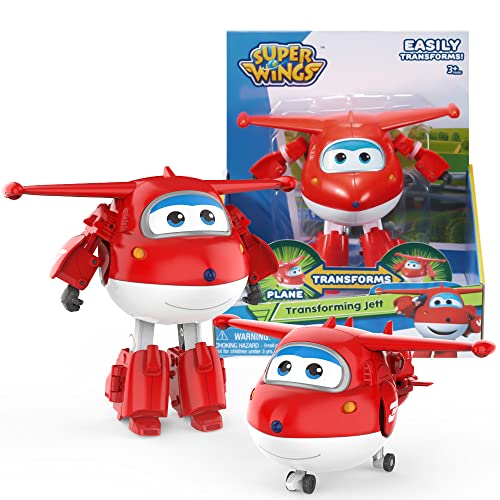 Super Wings Toys, Jett Transformer Toys 5 Inch, Airplane Toy for Kids 3-5 Years Old, Transforming from Toy Jet to Robot, Real Mobile Wheels, Birthday Party Supplies for Preschool Boys and Girls Red