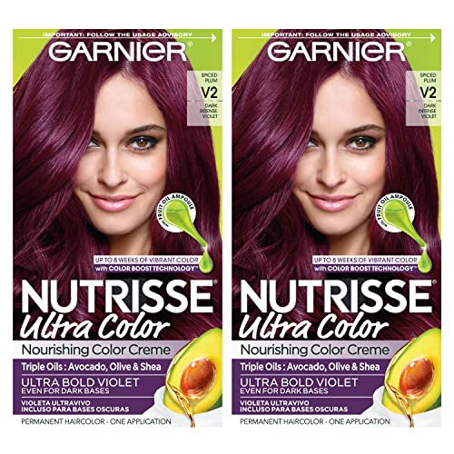 Garnier Hair Color Nutrisse Ultra Color Nourishing Creme, V2 Dark Intense Violet (Spiced Plum) Purple Permanent Hair Dye, 2 Count (Packaging May Vary)