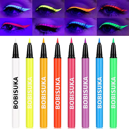 BOBISUKA 8 Colors UV Neon Liquid Eyeliner Set, Matte Colored Eyeliners Pen, Colorful Waterproof Smudge-proof Pigmented Graphic Liners, Delineadores de Colores Para Ojos Eye Makeup Gift Kit