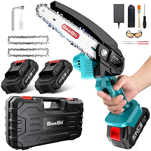 Seesii Mini Chainsaw Cordless 6-inch, Handheld Electric Power Chain Saw with 2 Batteries, for Tree Trimming Wood Cutting, Best Gifts for Dad, Husband