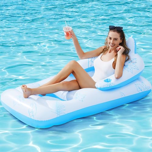 Inflatable Pool Lounger Float Adult, BAIAI Tanning Pool Lounger Float with Cup Holders Water Pool Chair Floats with Headrest, Backrest & Footrest Blow Up Summer Beach Floaties Cool Pool Party Toys