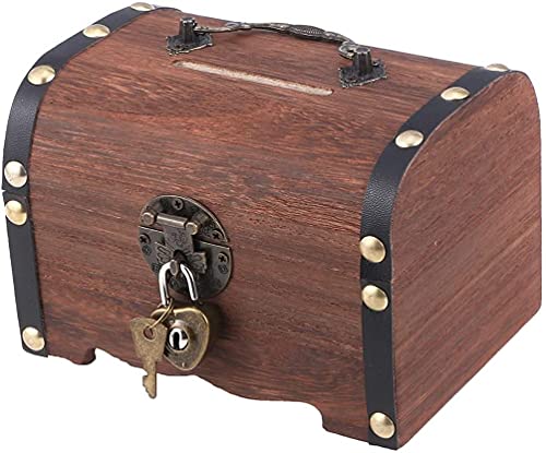 Retro Wooden Treasure Chest Storage Box, Wood Treasure Organizer Coin Box Piggy Bank with Lock & Keys for Children Adults