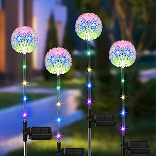 BONLION Solar Garden Lights Outdoor, 4 Pack Dandelion Solar Outdoor Lights Decorative with Colorful LED Lights, Upgraded Waterproof Solar Garden Decor for Yard, Patio, Landscape Decoration