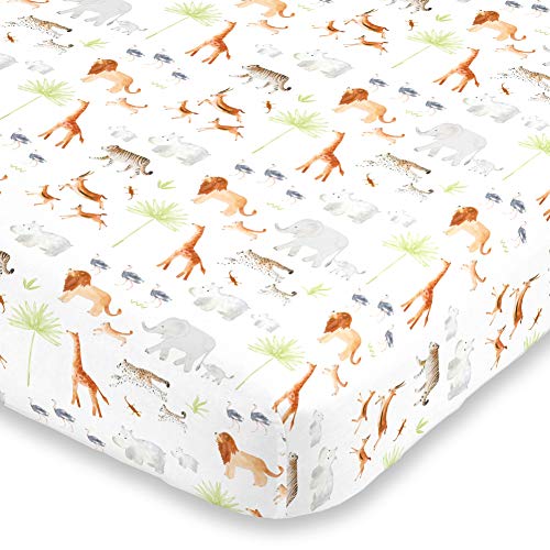 NoJo Watercolor Jungle Animals Crib Sheet - Mini Fitted Crib Sheet - Designed in The USA - 24' X 38' X 5', Orange, Grey, Light Blue