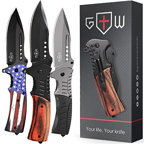 Spring Assisted Knife - 3.66' Sharp Blade - Tactical Pocket Knife for Men with Wood Handle Glass Breaker & Clip - Best Folding Knives for Military EDC Camping Survival - Gift for Dad Husband 0207