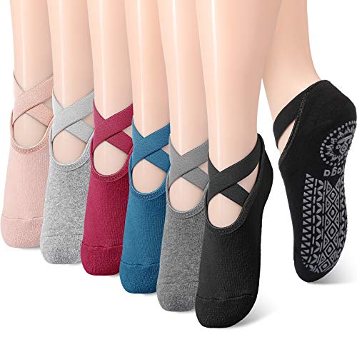 Geyoga 6 Pairs Yoga Socks for Women Nonslip Barre Socks with Straps Ballet Socks for Yoga Sports Ballet Dance