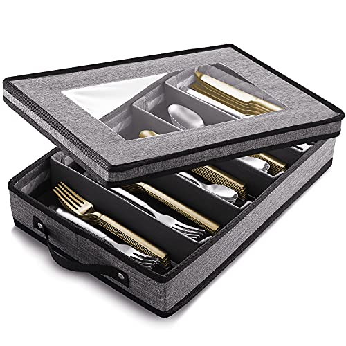 Flatware & Utensil Storage - Durable Silverware Storage Box with Padded Dividers, 5 Compartment Flatware Storage Case, Silverware Case with Handles and Removable Lid - Protects and Organizes Cutlery