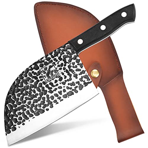 imarku Butcher Knife, 7 Inch Cleaver Knife, Hand-Forged Full Tang Serbian Chef Knife with Leather Sleeves, Japan High Carbon Steel Meat Cleaver for Kitchen, Camping, BBQ