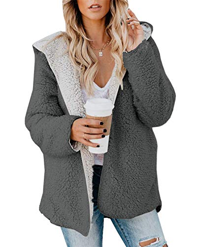 ReachMe Womens Sherpa Jacket Oversized Fleece Jacket Teddy Bear Coat with Pockets Open Front Hooded Fuzzy Cardigan (Dark Grey,S)