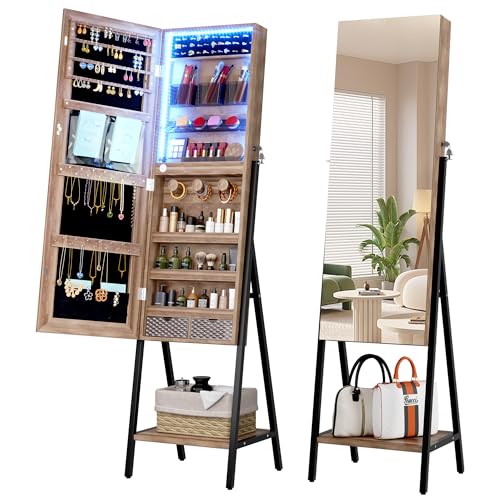 LVSOMT 3 LEDs Mirror Jewelry Cabinet, 42.5' Jewelry Mirror with Full Lenght Mirror, Standing Jewelry Mirror Armoire, Mirror with Storage for Jewelry Cosmetics, Brown