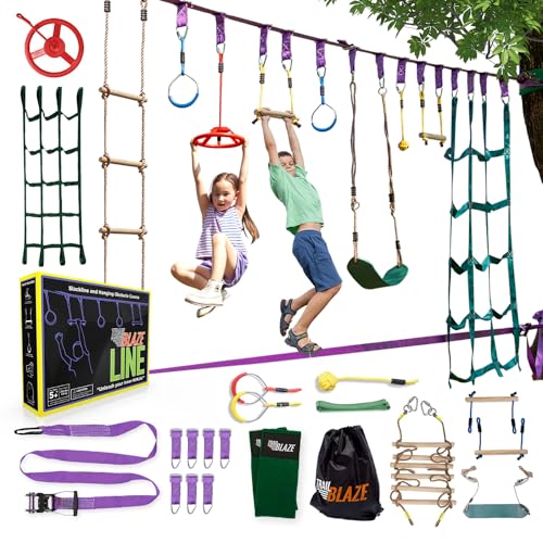 Trailblaze Ninja Warrior Obstacle Course for Kids - Ultimate Outdoor Fun 2x55 Ft Ninja Slackline Climbing Net Rope Ladder Trapeze Swing Monkey Bars - Durable and Safe Ninja Course for Kids Outside