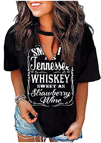 Smooth As Tennessee Whiskey & Sweet As Strawberry Wine Shirts Hollow Out V Neck T-Shirt Womens Keyhole Neck Country Tops (Black, X-Large)