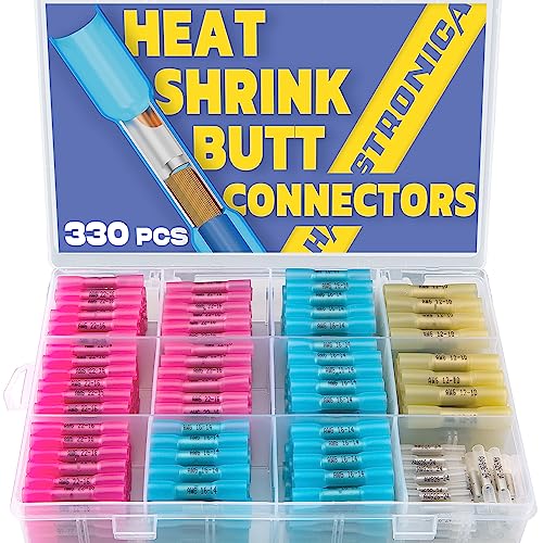 330PCS haisstronica Heat Shrink Butt Connectors-Marine Grade Waterproof Electrical Crimp Wire Connectors Kit-Tinned Red Copper Insulated, for Boat,Truck,Stereo,Joint(4Colors/4Sizes)