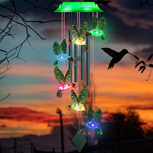 Solar Wind Chimes for Outside - 37' WANQDG 6 LED Hummingbird Color Changing Wind Chime with 4 Green Metal Tube, Music Wind Chimes Great as a Gift for Women mom Grandma Best Friends' Birthday Gift