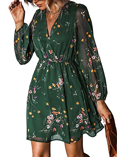 CUPSHE Women's Floral Print Chiffon A-Line Mini Dress Long Peasant Sleeves Elastic Autumn Dress,L