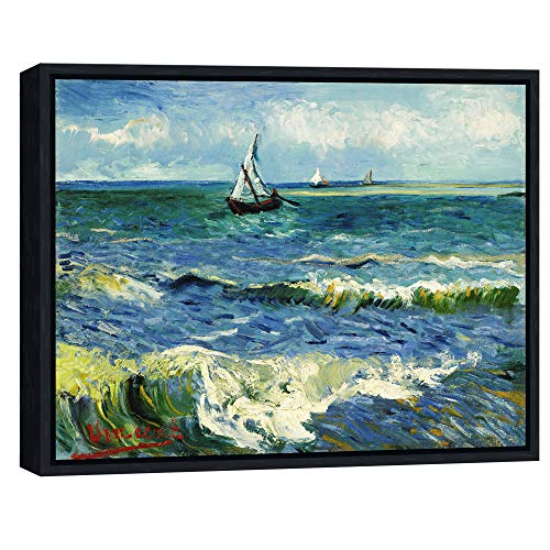 Wieco Art Framed Wall Art Canvas Prints Seascape at Saintes Maries by Vincent Van Gogh Modern Giclee Canvas Prints Sea Pictures on Canvas Wall Art for Living Room Home Decorations Black Frame