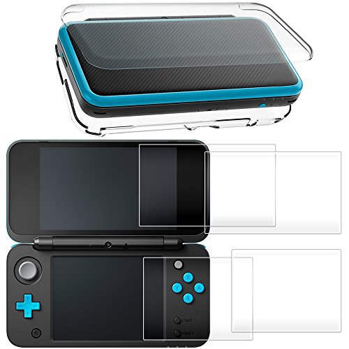 Hard Case Compatible NEW 2DS XL with 2 Packs Screen Protector, AFUNTA Anti-Scratch Crystal Clear Case, with 4 Pcs Tempered Glass Protective Films for Top and Bottom Screen