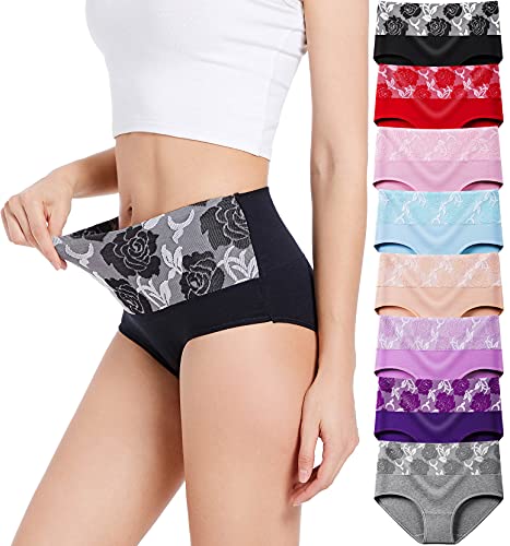 HAVVIS Women's Briefs Underwear Cotton High Waist Tummy Control Panties Rose Jacquard Ladies Panty Multipack (Brief 01-8 Pack - Assorted Colors, Large)