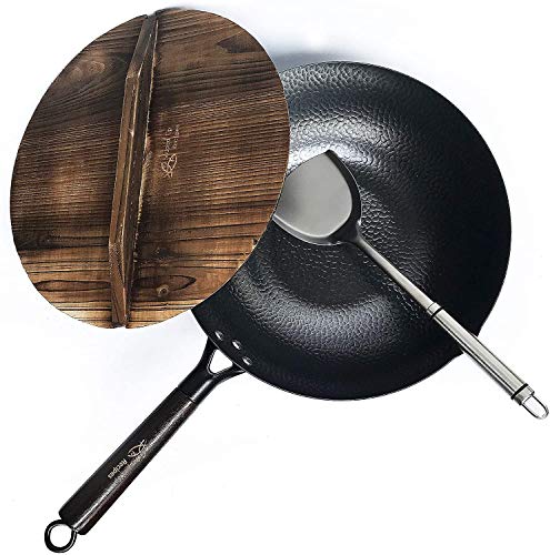 Souped Up Recipes Carbon Steel Wok For Electric, Induction and Gas Stoves (Lid, Spatula and User Guide Video Included)