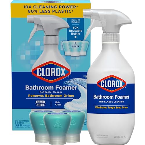 Clorox Bathroom Foamer Refillable Cleaner, Household Essentials, 1 Bottle and 3 Refill, Rain Clean, 1.13 Fl Oz