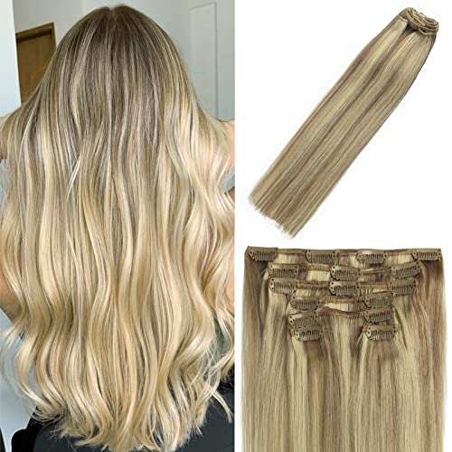 WindTouch Clip In Hair Extensions Human Hair Mixed Bleach Blonde 18Inch 70g Hair Extensions for Women Remy Hair Extensions #18p613 7PCS