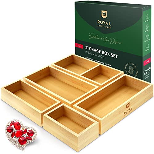 ROYAL CRAFT WOOD Luxury Bamboo Drawer Organizer Storage Box, Bin Set - Multi-Use Drawer Organizer for Kitchen, Bathroom, Office Desk, Makeup, Jewelry (5 Boxes)