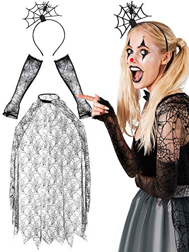 SATINIOR Halloween Women's Spider Web Costume, Spider Web Poncho Lace Spider Texture Sleeve Spiderweb Hair Hoop for Party Costume