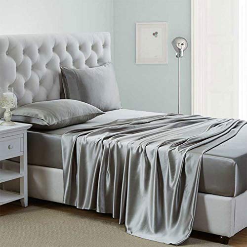 Lanest Housing Silk Satin Sheets, 4-Piece Queen Size Satin Bed Sheet Set with Deep Pockets, Cooling Soft and Hypoallergenic Satin Sheets Queen - Light Gray