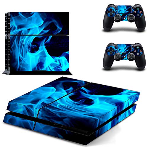 SKINOWN Whole Body Vinyl Skin Sticker Decal Cover for Playstation 4 System Console and Controllers (Ice Blue Flame)